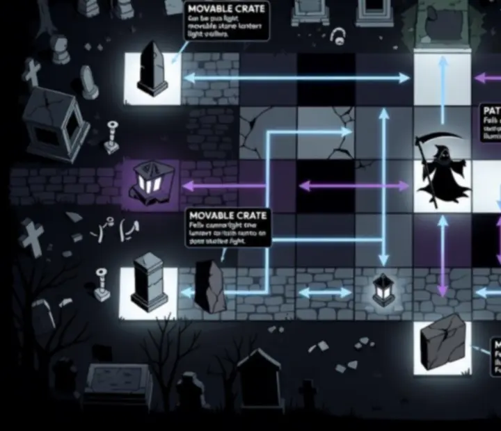 Infografika przedstawiająca układ zagadek i ścieżki cieni na planszy Felix the Reaper