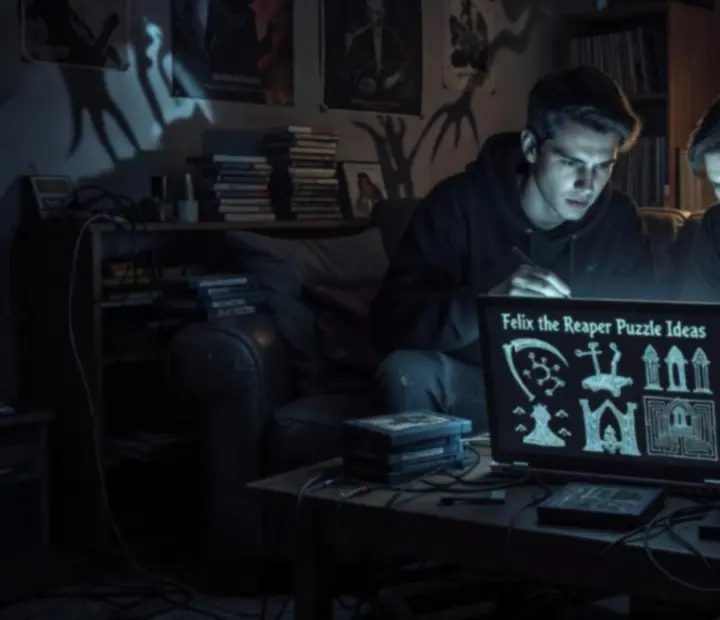 Fani Felix the Reaper dzielący się pomysłami w mrocznym, artystycznym otoczeniu