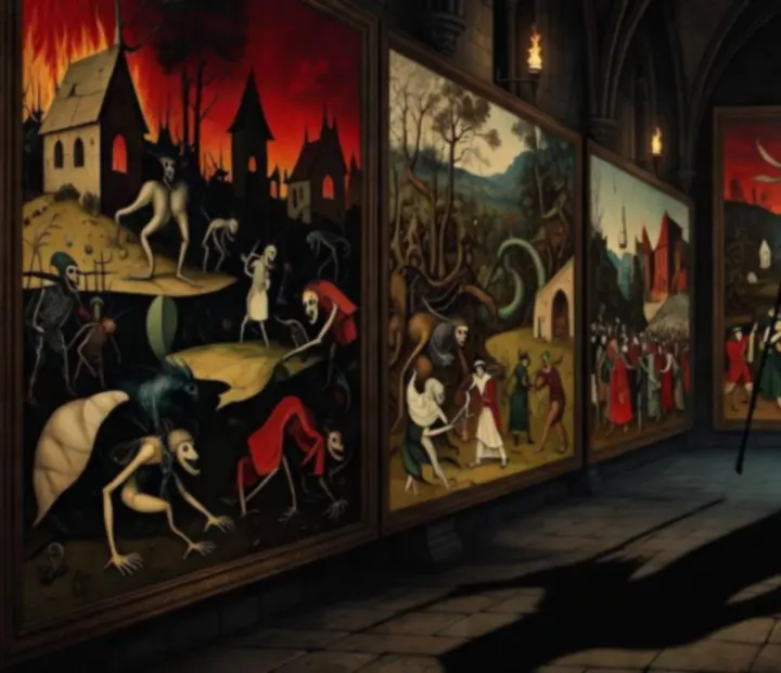 Ciemna, malarska kompozycja inspirowana Brueglem, Boschem i motywem danse macabre
