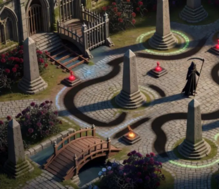 Widok poziomu z wieloma ścieżkami i cieniami w Felix the Reaper