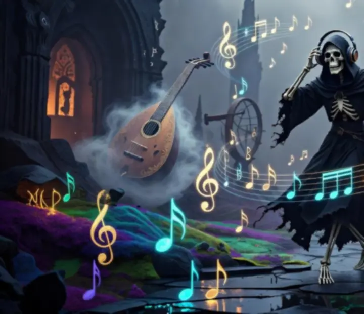 Słuchawki i winyl w mroczno-tanecznej scenerii inspirowanej Felix the Reaper