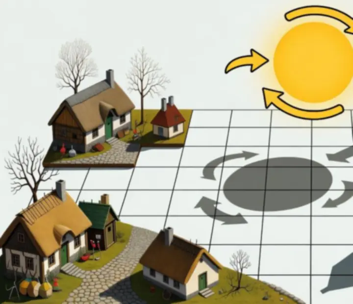 Ilustracja pokazująca ruch słońca wokół planszy i zmianę kątów padania światła