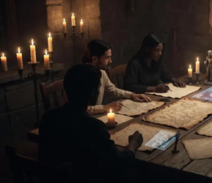 Grupa fanów rozmawiająca kreatywnie przy materiałach inspirowanych Felix the Reaper